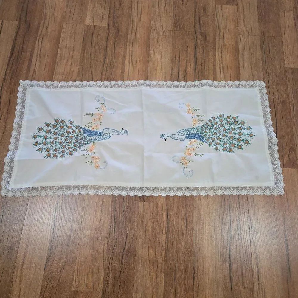 Vintage Embroidered Lace Table Runner Peacock Design